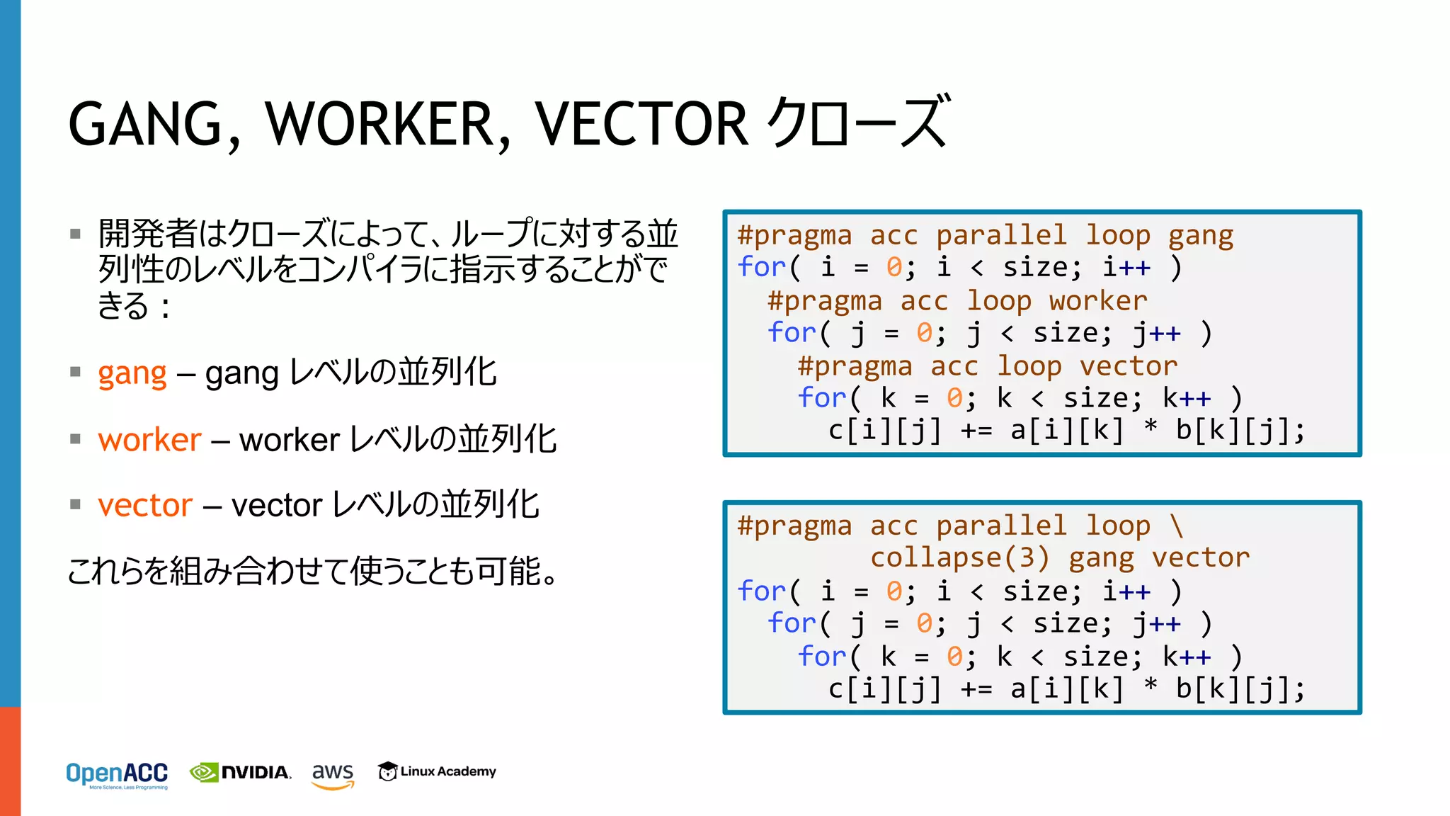 GANG, WORKER, VECTOR クローズ
§ 開発者はクローズによって、ループに対する並
列性のレベルをコンパイラに指⽰することがで
きる︓
§ gang – gang レベルの並列化
§ worker – worker レベルの並列化
§ vector – vector レベルの並列化
これらを組み合わせて使うことも可能。
#pragma acc parallel loop gang
for( i = 0; i < size; i++ )
#pragma acc loop worker
for( j = 0; j < size; j++ )
#pragma acc loop vector
for( k = 0; k < size; k++ )
c[i][j] += a[i][k] * b[k][j];
#pragma acc parallel loop 
collapse(3) gang vector
for( i = 0; i < size; i++ )
for( j = 0; j < size; j++ )
for( k = 0; k < size; k++ )
c[i][j] += a[i][k] * b[k][j];
 