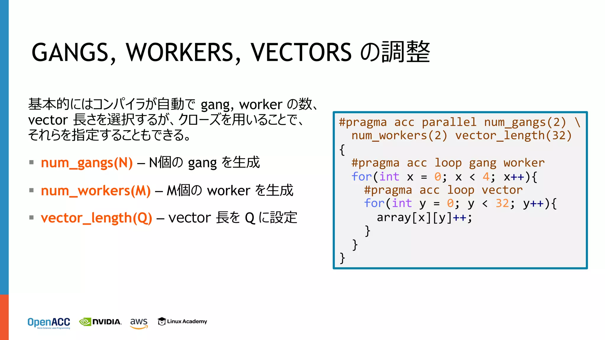 GANGS, WORKERS, VECTORS の調整
#pragma acc parallel num_gangs(2) 
num_workers(2) vector_length(32)
{
#pragma acc loop gang worker
for(int x = 0; x < 4; x++){
#pragma acc loop vector
for(int y = 0; y < 32; y++){
array[x][y]++;
}
}
}
基本的にはコンパイラが⾃動で gang, worker の数、
vector ⻑さを選択するが、クローズを⽤いることで、
それらを指定することもできる。
§ num_gangs(N) – N個の gang を⽣成
§ num_workers(M) – M個の worker を⽣成
§ vector_length(Q) – vector ⻑を Q に設定
 