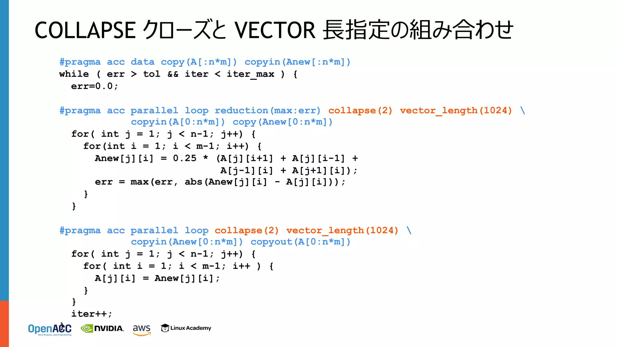 COLLAPSE クローズと VECTOR ⻑指定の組み合わせ
#pragma acc data copy(A[:n*m]) copyin(Anew[:n*m])
while ( err > tol && iter < iter_max ) {
err=0.0;
#pragma acc parallel loop reduction(max:err) collapse(2) vector_length(1024) 
copyin(A[0:n*m]) copy(Anew[0:n*m])
for( int j = 1; j < n-1; j++) {
for(int i = 1; i < m-1; i++) {
Anew[j][i] = 0.25 * (A[j][i+1] + A[j][i-1] +
A[j-1][i] + A[j+1][i]);
err = max(err, abs(Anew[j][i] - A[j][i]));
}
}
#pragma acc parallel loop collapse(2) vector_length(1024) 
copyin(Anew[0:n*m]) copyout(A[0:n*m])
for( int j = 1; j < n-1; j++) {
for( int i = 1; i < m-1; i++ ) {
A[j][i] = Anew[j][i];
}
}
iter++;
}
 