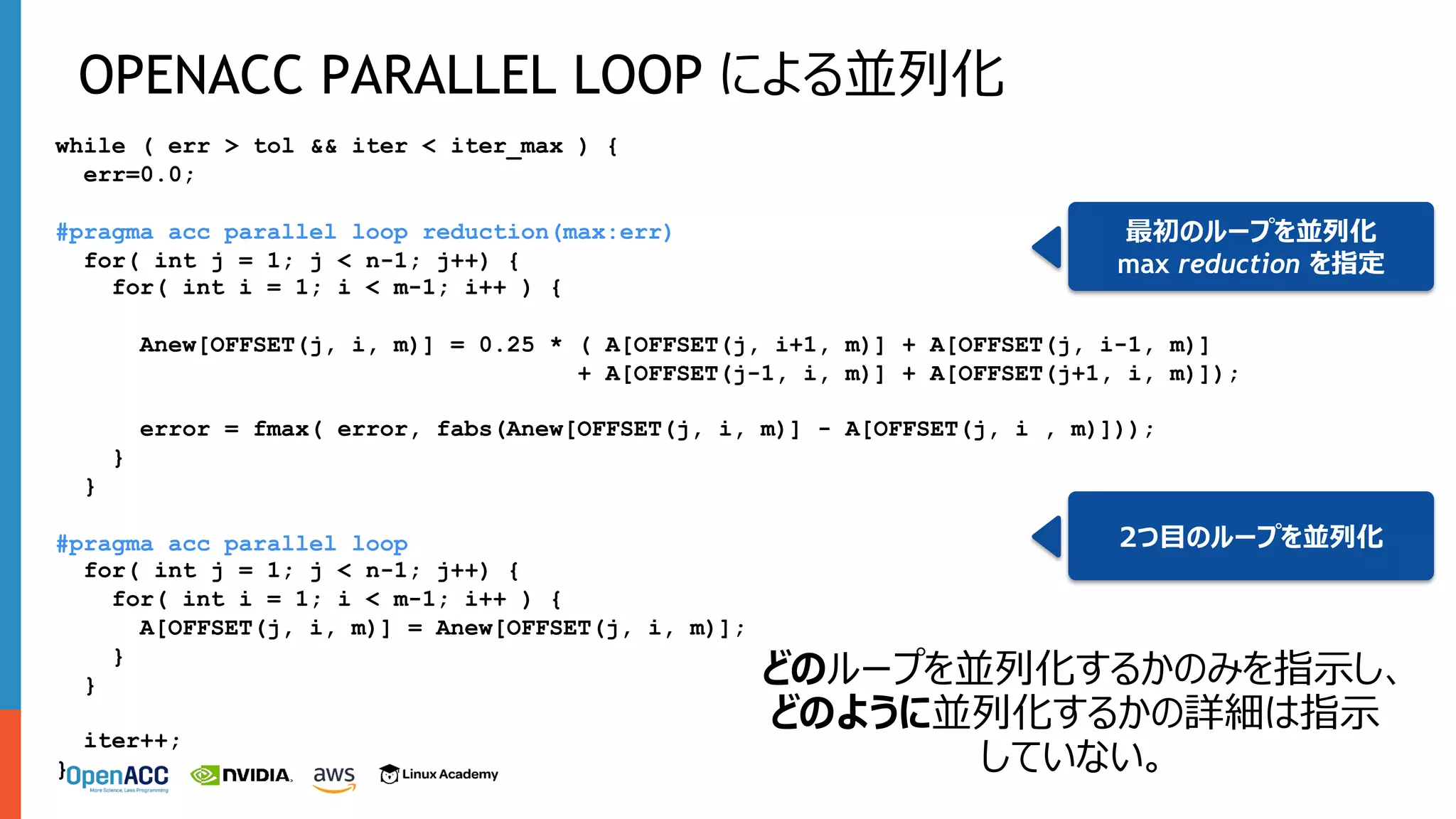 while ( err > tol && iter < iter_max ) {
err=0.0;
#pragma acc parallel loop reduction(max:err)
for( int j = 1; j < n-1; j++) {
for( int i = 1; i < m-1; i++ ) {
Anew[OFFSET(j, i, m)] = 0.25 * ( A[OFFSET(j, i+1, m)] + A[OFFSET(j, i-1, m)]
+ A[OFFSET(j-1, i, m)] + A[OFFSET(j+1, i, m)]);
error = fmax( error, fabs(Anew[OFFSET(j, i, m)] - A[OFFSET(j, i , m)]));
}
}
#pragma acc parallel loop
for( int j = 1; j < n-1; j++) {
for( int i = 1; i < m-1; i++ ) {
A[OFFSET(j, i, m)] = Anew[OFFSET(j, i, m)];
}
}
iter++;
}
OPENACC PARALLEL LOOP による並列化
7
最初のループを並列化
max reduction を指定
2つ⽬のループを並列化
どのループを並列化するかのみを指⽰し、
どのように並列化するかの詳細は指⽰
していない。
 