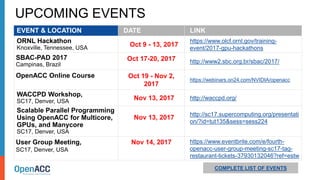 UPCOMING EVENTS
EVENT & LOCATION DATE LINK
ORNL Hackathon
Knoxville, Tennessee, USA
Oct 9 - 13, 2017
https://www.olcf.ornl.gov/training-
event/2017-gpu-hackathons
SBAC-PAD 2017
Campinas, Brazil
Oct 17-20, 2017 http://www2.sbc.org.br/sbac/2017/
OpenACC Online Course Oct 19 - Nov 2,
2017
https://webinars.on24.com/NVIDIA/openacc
WACCPD Workshop,
SC17, Denver, USA
Nov 13, 2017 http://waccpd.org/
Scalable Parallel Programming
Using OpenACC for Multicore,
GPUs, and Manycore
SC17, Denver, USA
Nov 13, 2017
http://sc17.supercomputing.org/presentati
on/?id=tut135&sess=sess224
User Group Meeting,
SC17, Denver, USA
Nov 14, 2017 https://www.eventbrite.com/e/fourth-
openacc-user-group-meeting-sc17-tag-
restaurant-tickets-37930132046?ref=estw
COMPLETE LIST OF EVENTS
 