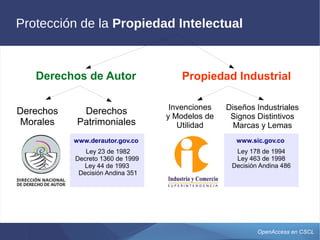 OpenAccess en CSCL
Protección de la Propiedad Intelectual
Derechos
Patrimoniales
Derechos
Morales
www.derautor.gov.co
Ley 23 de 1982
Decreto 1360 de 1999
Ley 44 de 1993
Decisión Andina 351
Diseños Industriales
Signos Distintivos
Marcas y Lemas
Invenciones
y Modelos de
Utilidad
www.sic.gov.co
Ley 178 de 1994
Ley 463 de 1998
Decisión Andina 486
Propiedad IndustrialDerechos de Autor
 