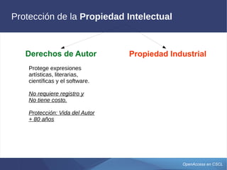 OpenAccess en CSCL
Protección de la Propiedad Intelectual
Protege expresiones
artísticas, literarias,
científicas y el software.
No requiere registro y
No tiene costo.
Protección: Vida del Autor
+ 80 años
Propiedad IndustrialDerechos de Autor
 