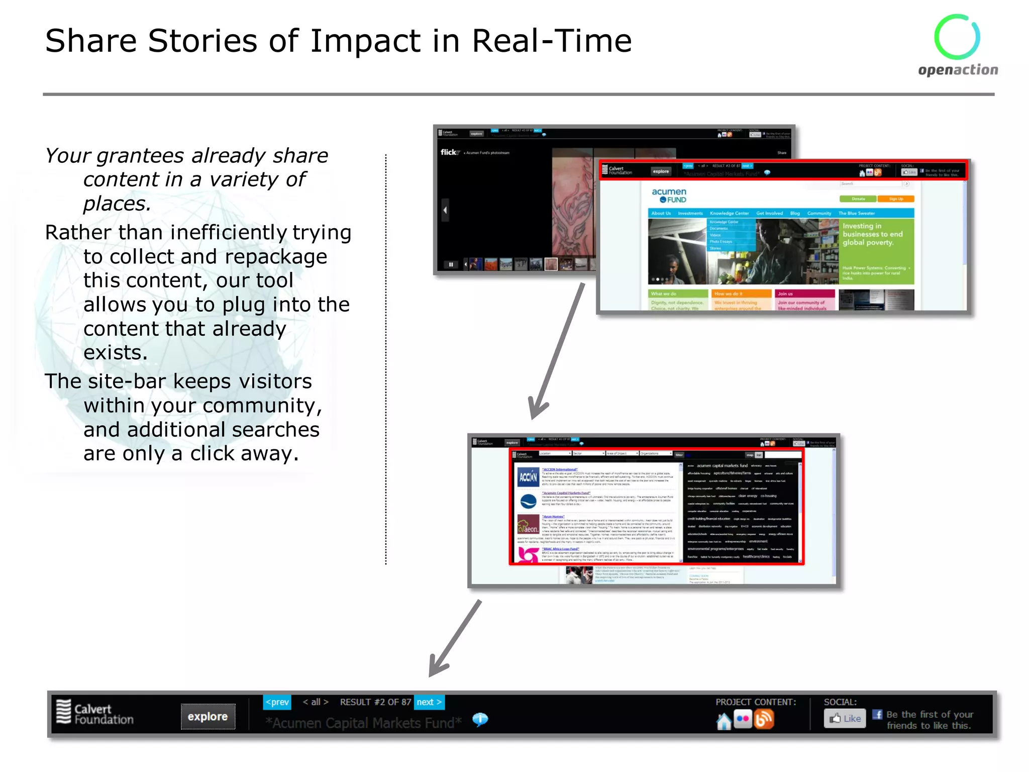 Share Stories of Impact in Real-Time


Your grantees already share
   content in a variety of
   places.
Rather than inefficiently trying
   to collect and repackage
   this content, our tool
   allows you to plug into the
   content that already
   exists.
The site-bar keeps visitors
   within your community,
   and additional searches
   are only a click away.
 