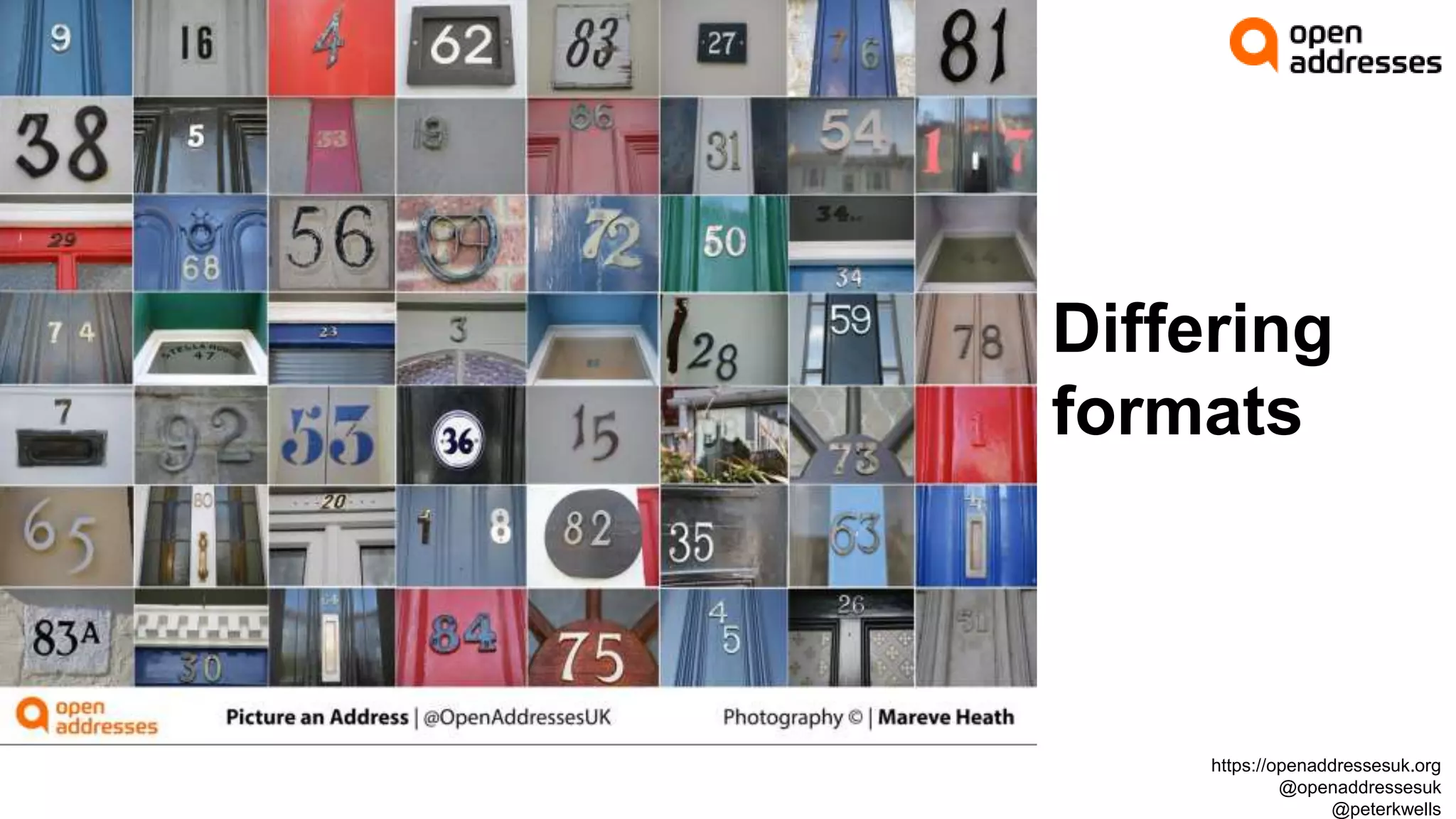 Differing
formats
https://openaddressesuk.org
@openaddressesuk
@peterkwells
 