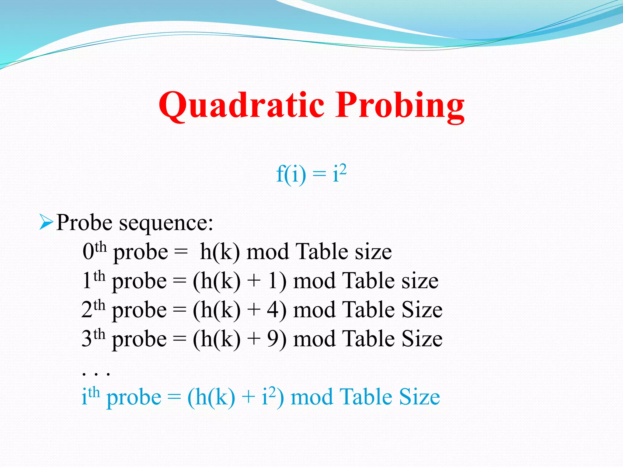 Quadratic Probing
f(i) = i2
Probe sequence:
0th probe = h(k) mod Table size
1th probe = (h(k) + 1) mod Table size
2th probe = (h(k) + 4) mod Table Size
3th probe = (h(k) + 9) mod Table Size
. . .
ith probe = (h(k) + i2) mod Table Size
 
