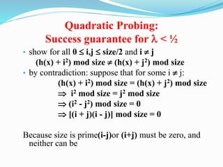 Quadratic Probing:
Success guarantee for  < ½
• show for all 0  i,j  size/2 and i  j
(h(x) + i2) mod size  (h(x) + j2) mod size
• by contradiction: suppose that for some i  j:
(h(x) + i2) mod size = (h(x) + j2) mod size
 i2 mod size = j2 mod size
 (i2 - j2) mod size = 0
 [(i + j)(i - j)] mod size = 0
Because size is prime(i-j)or (i+j) must be zero, and
neither can be
 