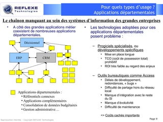 Pour quels types d’usage ? Applications départementales A côté des grandes applications métier coexistent de nombreuses applications départementales. Les technologies adoptées pour ces applications départementales posent problème : Progiciels spécialisés , ou  développements spécifiques Mise en place longue TCO (coût de possession total) prohibitif  ROI très faible au regard des enjeux Outils bureautiques comme Access Délais de développement, redondances, « bugs »  Difficulté de partage hors du réseau local Manque d’intégration avec le reste du SI Manque d’évolutivité Difficulté de maintenance =>  Coûts cachés importants Reproduction interdite – Copyright REFLEXE Technologies Le chaînon manquant au sein des systèmes d’information des grandes entreprises ERP CRM Applications départementales : Référentiels connexes Applications complémentaires Consolidation de données budgétaires Gestion administrative… Décisionnel Page  