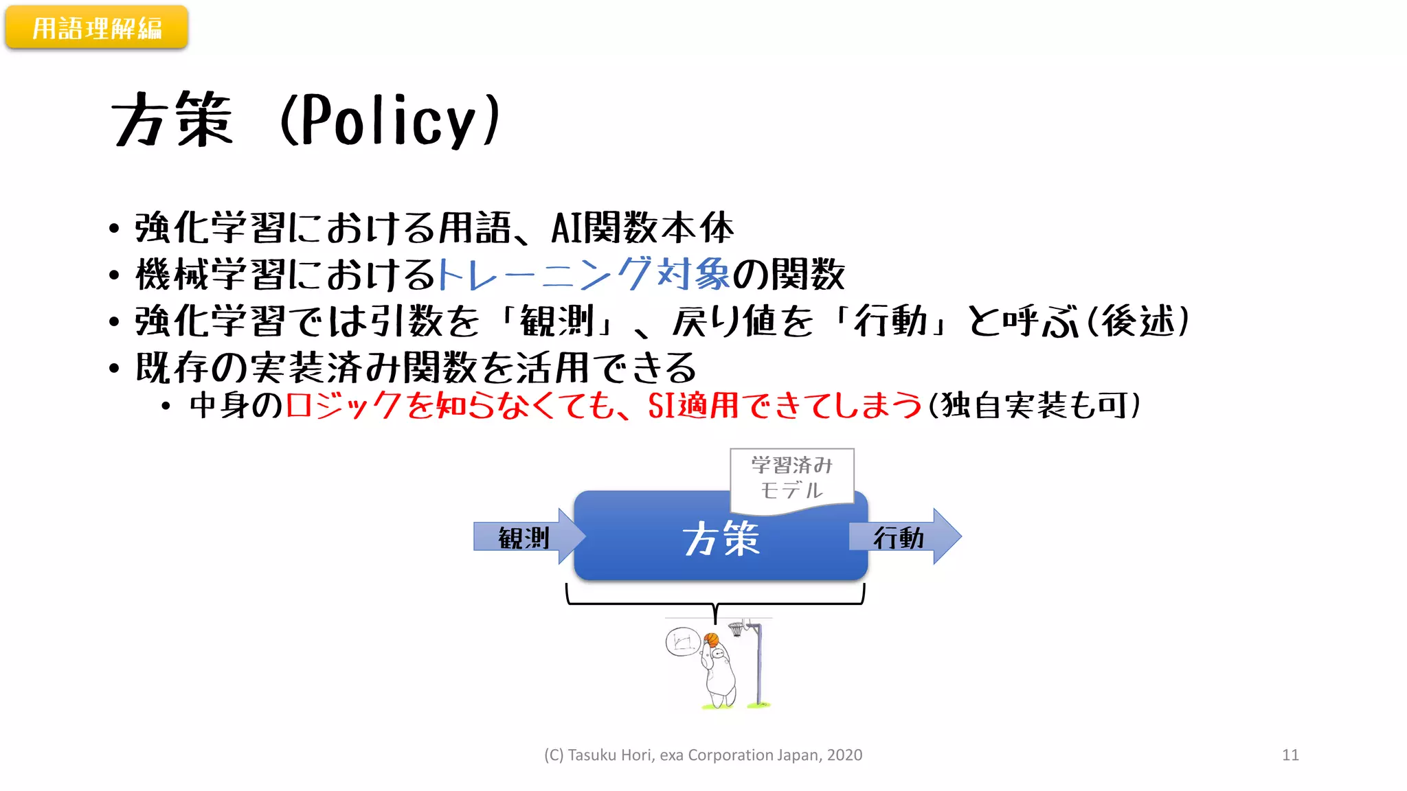 方策 (Policy)
• 強化学習における用語、AI関数本体
• 機械学習におけるトレーニング対象の関数
• 強化学習では引数を「観測」、戻り値を「行動」と呼ぶ(後述)
• 既存の実装済み関数を活用できる
• 中身のロジックを知らなくても、SI適用できてしまう(独自実装も可)
用語理解編
方策観測 行動
学習済み
モデル
(C) Tasuku Hori, exa Corporation Japan, 2020 11
 