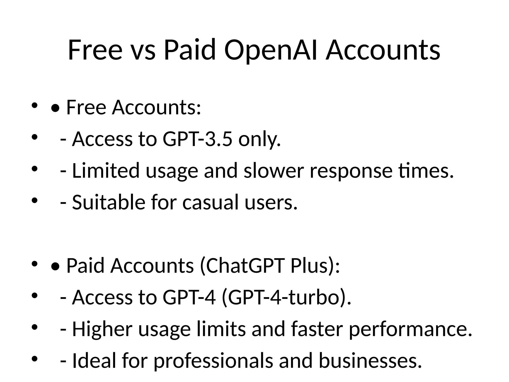 Free vs Paid OpenAI Accounts
&bull; &bull; Free Accounts:
&bull; - Access to GPT-3.5 only.
&bull; - Limited usage and slower response times.
&bull; - Suitable for casual users.
&bull; &bull; Paid Accounts (ChatGPT Plus):
&bull; - Access to GPT-4 (GPT-4-turbo).
&bull; - Higher usage limits and faster performance.
&bull; - Ideal for professionals and businesses.
 