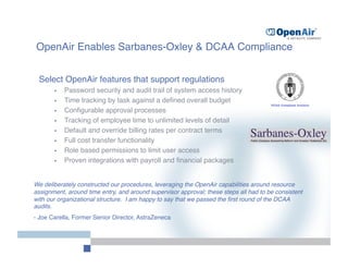 OpenAir Enables Sarbanes-Oxley & DCAA Compliance


 Select OpenAir features that support regulations
       •    Password security and audit trail of system access history
       •    Time tracking by task against a deﬁned overall budget
       •    Conﬁgurable approval processes
       •    Tracking of employee time to unlimited levels of detail
       •    Default and override billing rates per contract terms
       •    Full cost transfer functionality
       •    Role based permissions to limit user access
       •    Proven integrations with payroll and ﬁnancial packages


We deliberately constructed our procedures, leveraging the OpenAir capabilities around resource
assignment, around time entry, and around supervisor approval; these steps all had to be consistent
with our organizational structure. I am happy to say that we passed the ﬁrst round of the DCAA
audits.
- Joe Carella, Former Senior Director, AstraZeneca
 