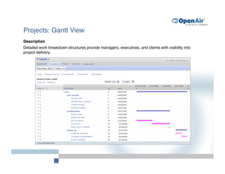 Projects: Gantt View
Description
Detailed work breakdown structures provide managers, executives, and clients with visibility into
project delivery.
 