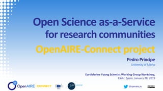 @openaire_eu
Open Science as-a-Service
for research communities
OpenAIRE-Connect project
Pedro Principe
UniversityofMinho
EuroMarine Young Scientist Working Group Workshop,
Cádiz, Spain, January 28, 2019
 