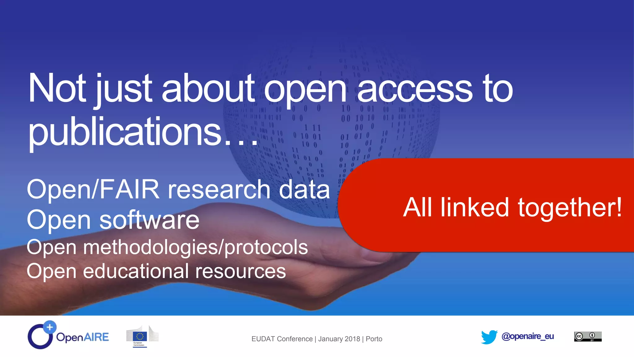 @openaire_euEUDAT Conference | January 2018 | Porto
Not just about open access to
publications…
Open/FAIR research data
Open software
Open methodologies/protocols
Open educational resources
All linked together!
 