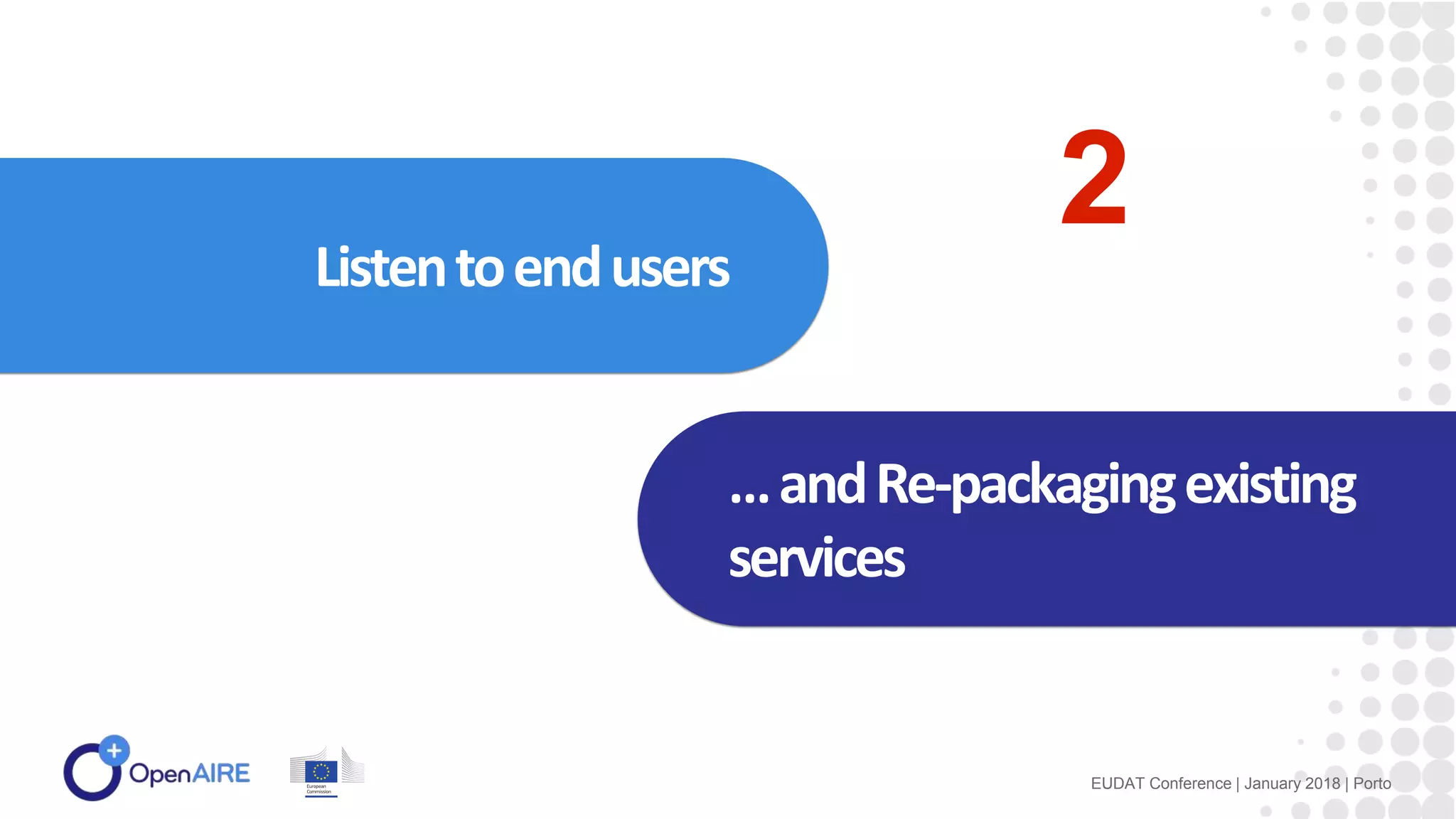 Listentoendusers
…andRe-packagingexisting
services
EUDAT Conference | January 2018 | Porto
2
 