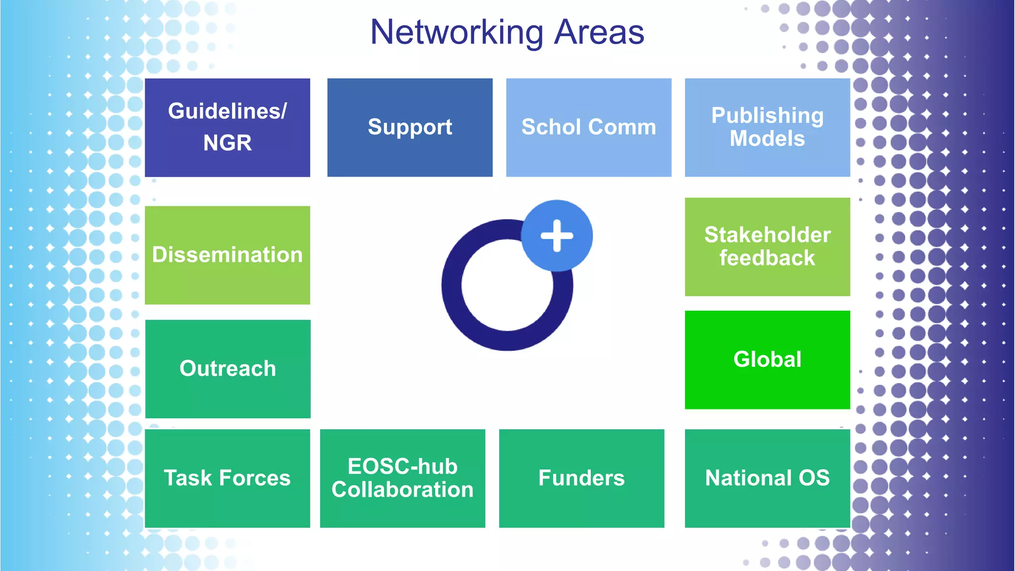 Guidelines/
NGR
Support
Publishing
Models
Dissemination
Schol Comm
Stakeholder
feedback
Outreach
Task Forces
Global
Funders National OS
EOSC-hub
Collaboration
Networking Areas
 