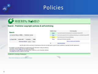 Policies
9
http://www.sherpa.ac.uk/romeo/search.php
 