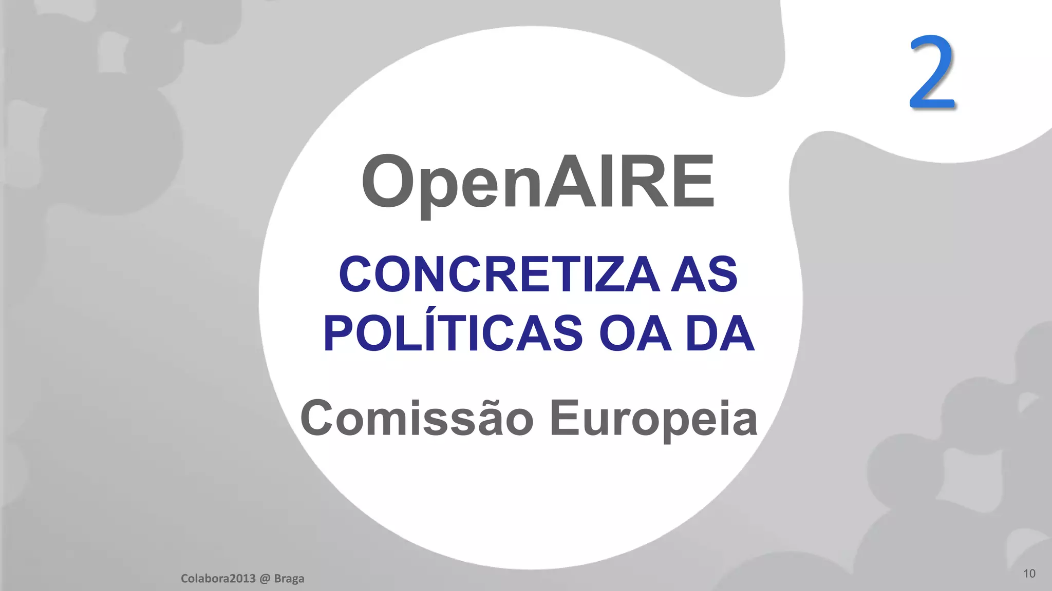 CONCRETIZA AS
POLÍTICAS OA DA
OpenAIRE
Comissão Europeia
10
2
Colabora2013 @ Braga
 
