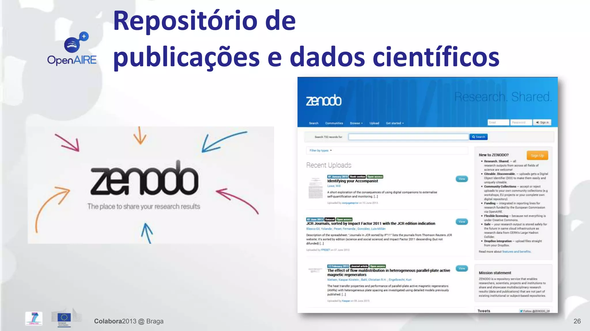Repositório de
publicações e dados científicos
Colabora2013 @ Braga 26
 