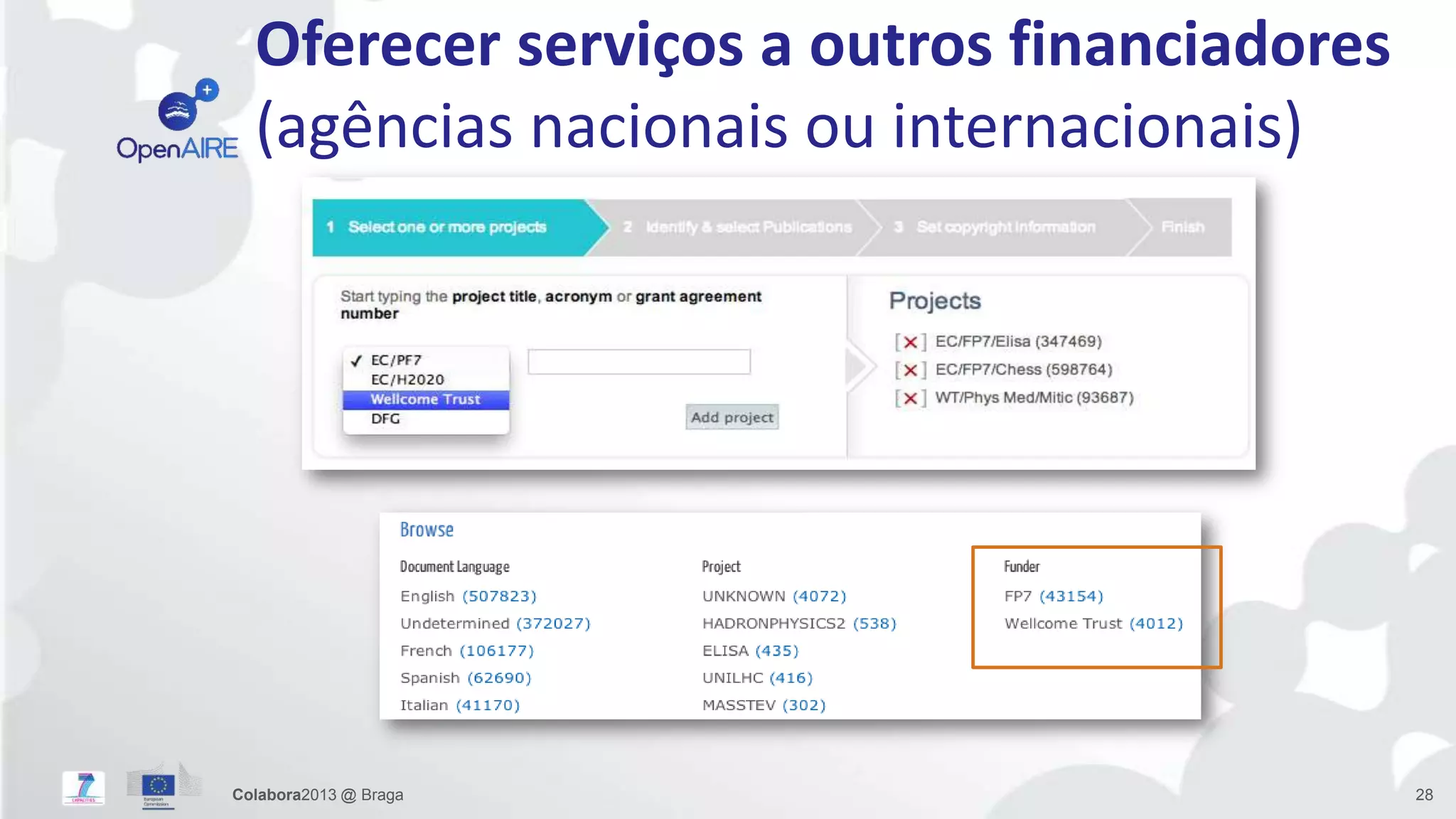 Oferecer serviços a outros financiadores
(agências nacionais ou internacionais)
Colabora2013 @ Braga 28
 