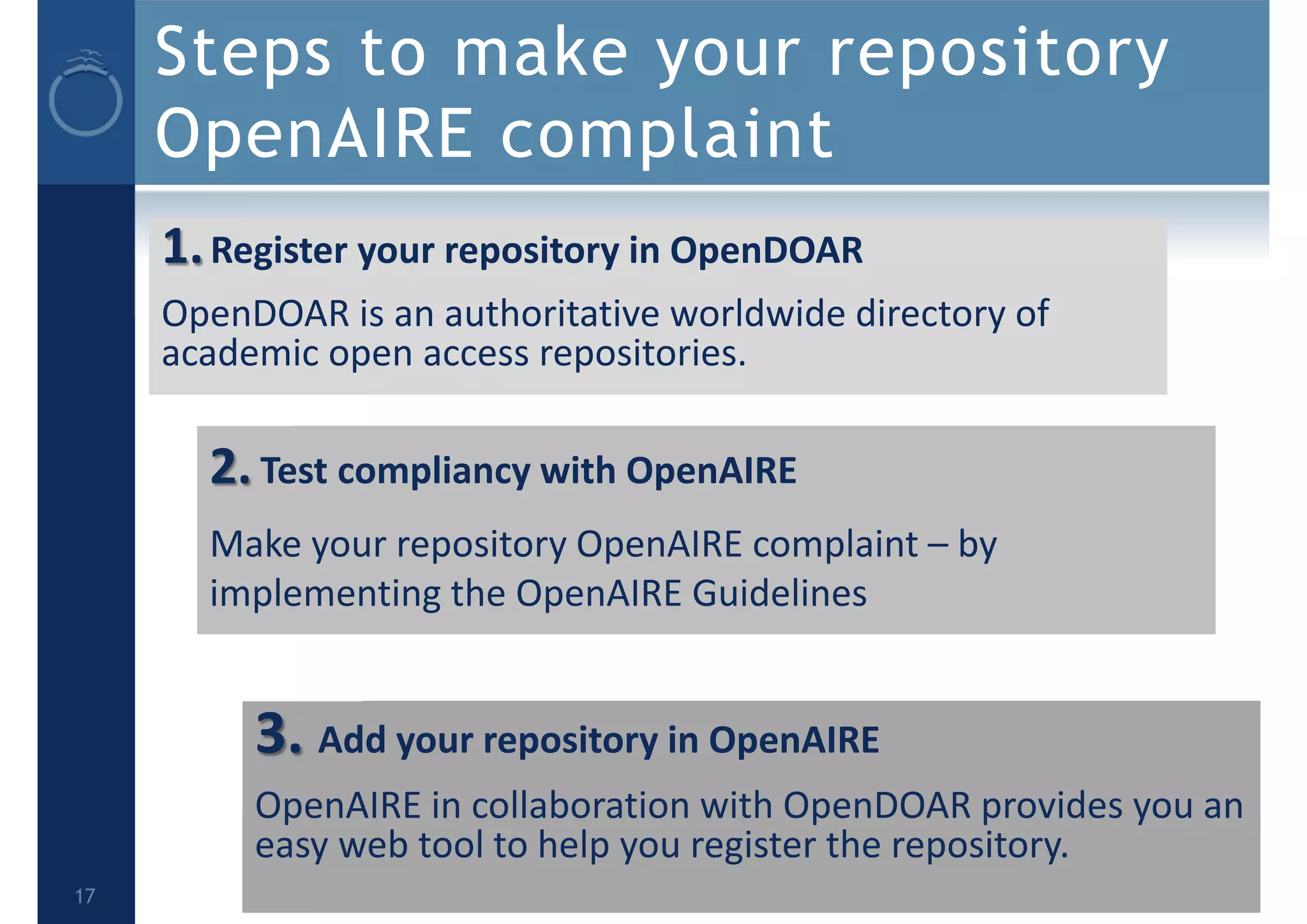 Steps to make your repository
OpenAIRE complaint
1.Register your repository in OpenDOAR
OpenDOAR is an authoritative worldwide directory of 
academic open access repositories.
2. Test compliancy with OpenAIRE
Make your repository OpenAIRE complaint – by 
implementing the OpenAIRE Guidelines
17
3. Add your repository in OpenAIRE
OpenAIRE in collaboration with OpenDOAR provides you an 
easy web tool to help you register the repository.
 