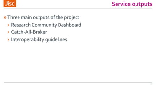 Service outputs
»Three main outputs of the project
› Research Community Dashboard
› Catch-All-Broker
› Interoperability gu...