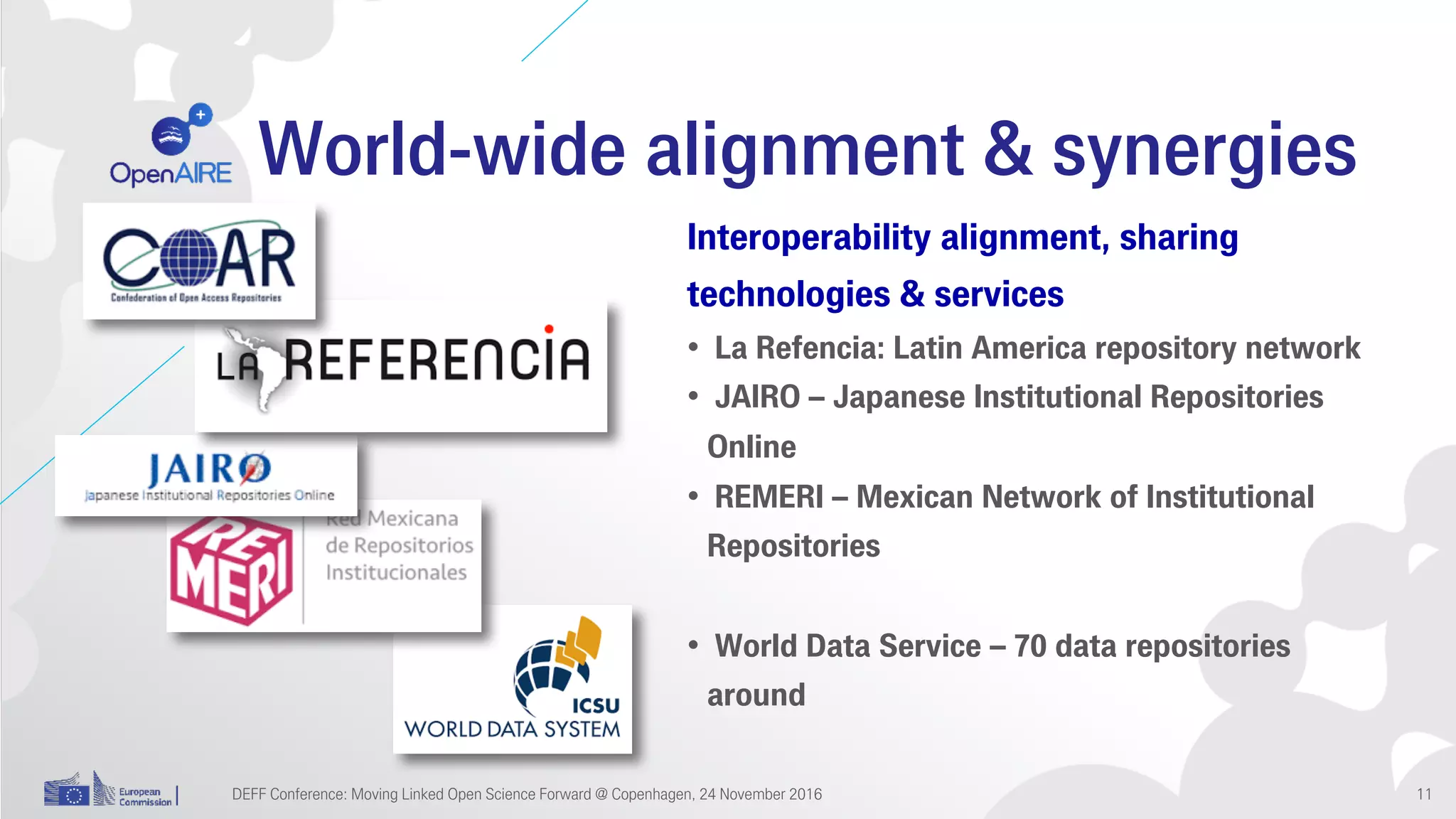 World-wide alignment & synergies
Interoperability alignment, sharing
technologies & services
• La Refencia: Latin America repository network
• JAIRO – Japanese Institutional Repositories
Online
• REMERI – Mexican Network of Institutional
Repositories
• World Data Service – 70 data repositories
around
DEFF Conference: Moving Linked Open Science Forward @ Copenhagen, 24 November 2016 11
 