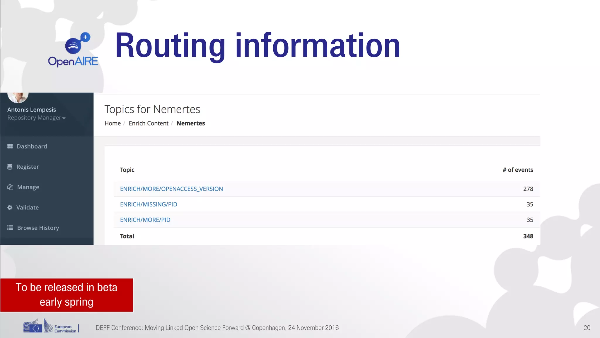 Routing information
DEFF Conference: Moving Linked Open Science Forward @ Copenhagen, 24 November 2016 20
To be released in beta
early spring
 