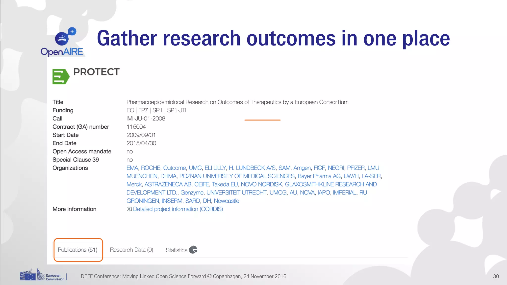 Gather research outcomes in one place
DEFF Conference: Moving Linked Open Science Forward @ Copenhagen, 24 November 2016 30
 