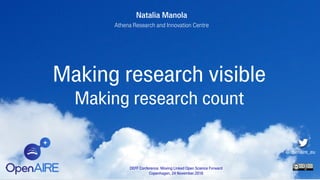 Making research visible
Making research count
DEFF Conference: Moving Linked Open Science Forward
Copenhagen, 24 November,2016
@openaire_eu
Natalia Manola
Athena Research and Innovation Centre
 