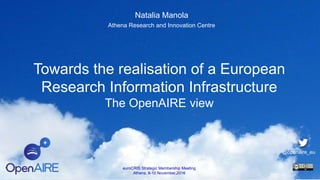 Towards the realisation of a European
Research Information Infrastructure
The OpenAIRE view
euroCRIS Strategic Membership Meeting
Athens, 8-10 November,2016
@openaire_eu
Natalia Manola
Athena Research and Innovation Centre
 