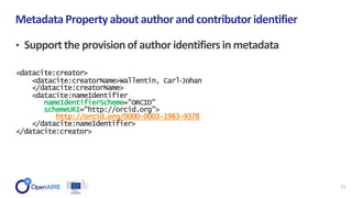 • Support the provisionof author identifiersin metadata
MetadataProperty aboutauthorand contributoridentifier
11
<datacite:creator>
<datacite:creatorName>Wallentin, Carl‐Johan
</datacite:creatorName>
<datacite:nameIdentifier
nameIdentifierScheme="ORCID"
schemeURI=“http://orcid.org">
http://orcid.org/0000-0003-1983-9378
</datacite:nameIdentifier>
</datacite:creator>
 
