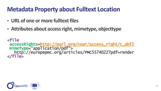 • URL of one or more fulltext files
• Attributesabout accessright, mimetype, objecttype
Metadata Property about Fulltext Location
14
<file
accessRights=http://purl.org/coar/access_right/c_abf2
mimeType="application/pdf“>
http://europepmc.org/articles/PMC5574022?pdf=render
</file>
 