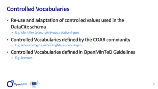 • Re-use and adaptation of controlledvaluesused in the
DataCiteschema
• E.g.identifiertypes,roletypes,relationtypes
• Controlled Vocabulariesdefined by the COAR community
• E.g.resourcetypes,accessrights,versiontypes
• Controlled Vocabulariesdefined in OpenMinTeD Guidelines
• E.g.licenses
Controlled Vocabularies
15
 
