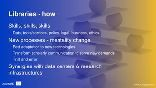 Libraries - how
IFLA WLIC | August 28, 2019
Skills, skills, skills
Data, tools/services, policy, legal, business, ethics
N...
