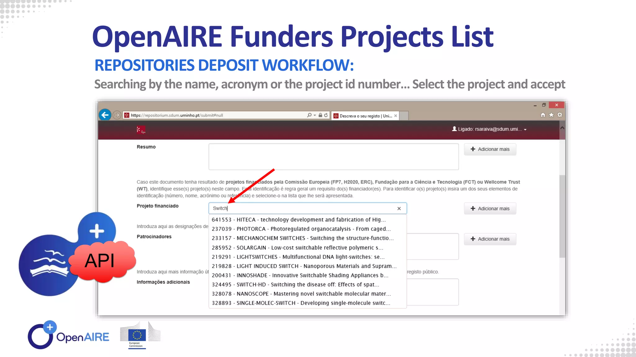 REPOSITORIES DEPOSIT WORKFLOW:
Searching by the name, acronym or the projectid number… Select the project and accept
OpenAIRE Funders Projects List
API
 