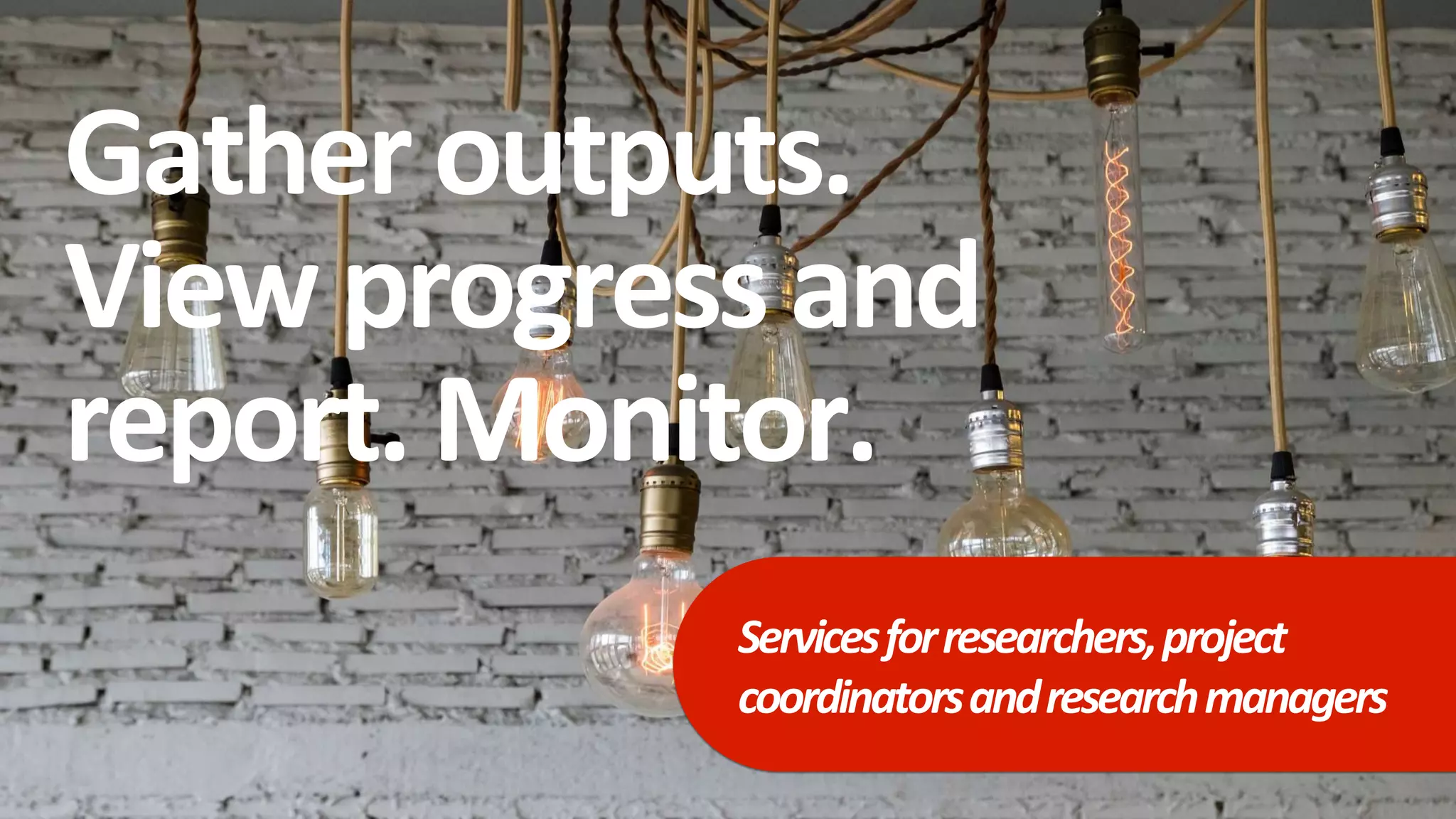 Gather outputs.
View progress and
report. Monitor.
Servicesforresearchers,project
coordinatorsandresearchmanagers
 