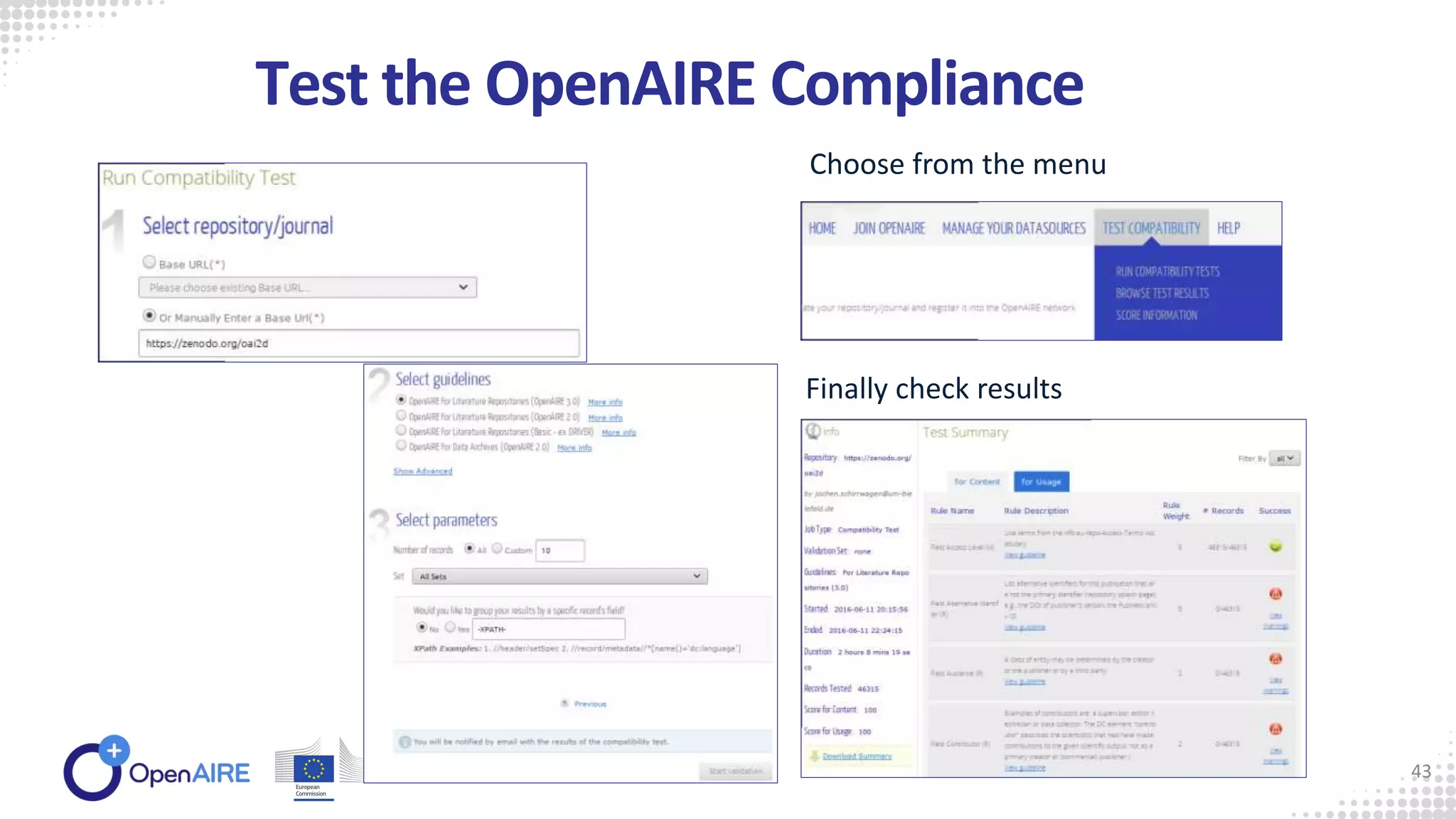 Test the OpenAIRE Compliance
43
Choose from the menu
Finally check results
 