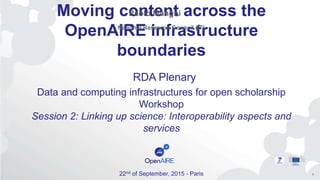 Moving content across the
OpenAIRE infrastructure
boundaries
RDA Plenary
Data and computing infrastructures for open scholarship
Workshop
Session 2: Linking up science: Interoperability aspects and
services
22nd of September, 2015 - Paris
Paolo Manghi
National Research Council (IT)
1
 