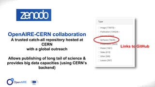OpenAIRE-CERN collaboration
A trusted catch-all repository hosted at
CERN
with a global outreach
Allows publishing of long tail of science &
provides big data capacities (using CERN’s
backend)
Links to GitHub
 
