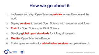 1. Implement and align Open Science policies across Europe and the
world
2. Deploy services to embed Open Science into researcher workflows
3. Train for Open Science, for FAIR Science
4. Develop global open standards for linking all research
5. Monitor Open Science in Europe
6. Foster open innovation for added value services on open research
How we go about it
Jisc OpenAIRE National Workshop - 15th of February, 2018
 
