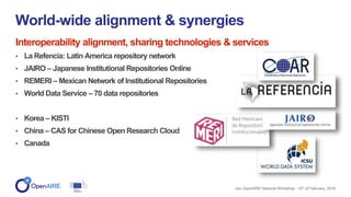 Interoperability alignment, sharing technologies & services
• La Refencia: Latin America repository network
• JAIRO – Japa...