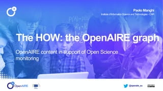 @openaire_eu
The HOW: the OpenAIRE graph
OpenAIRE content in support of Open Science
monitoring
Paolo Manghi
InstituteofInformationScienceandTechnologies -CNR
 