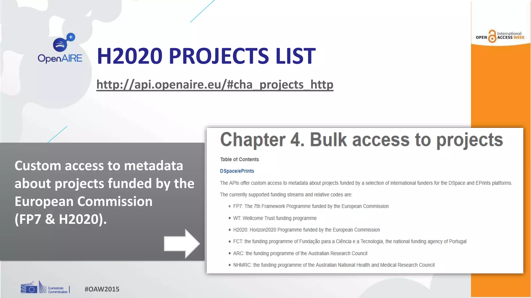 H2020 PROJECTS LIST
http://api.openaire.eu/#cha_projects_http
#OAW2015
Custom access to metadata
about projects funded by the
European Commission
(FP7 & H2020).
 