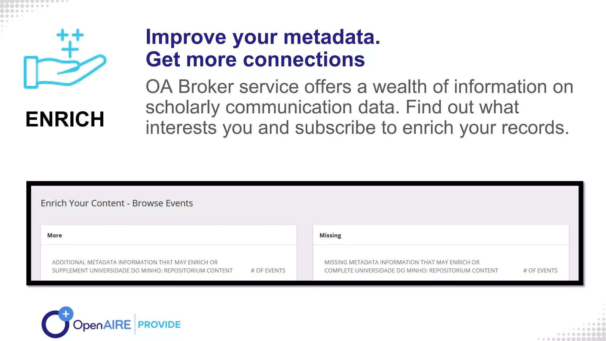 Improve your metadata.
Get more connections
OA Broker service offers a wealth of information on
scholarly communication data. Find out what
interests you and subscribe to enrich your records.ENRICH
 