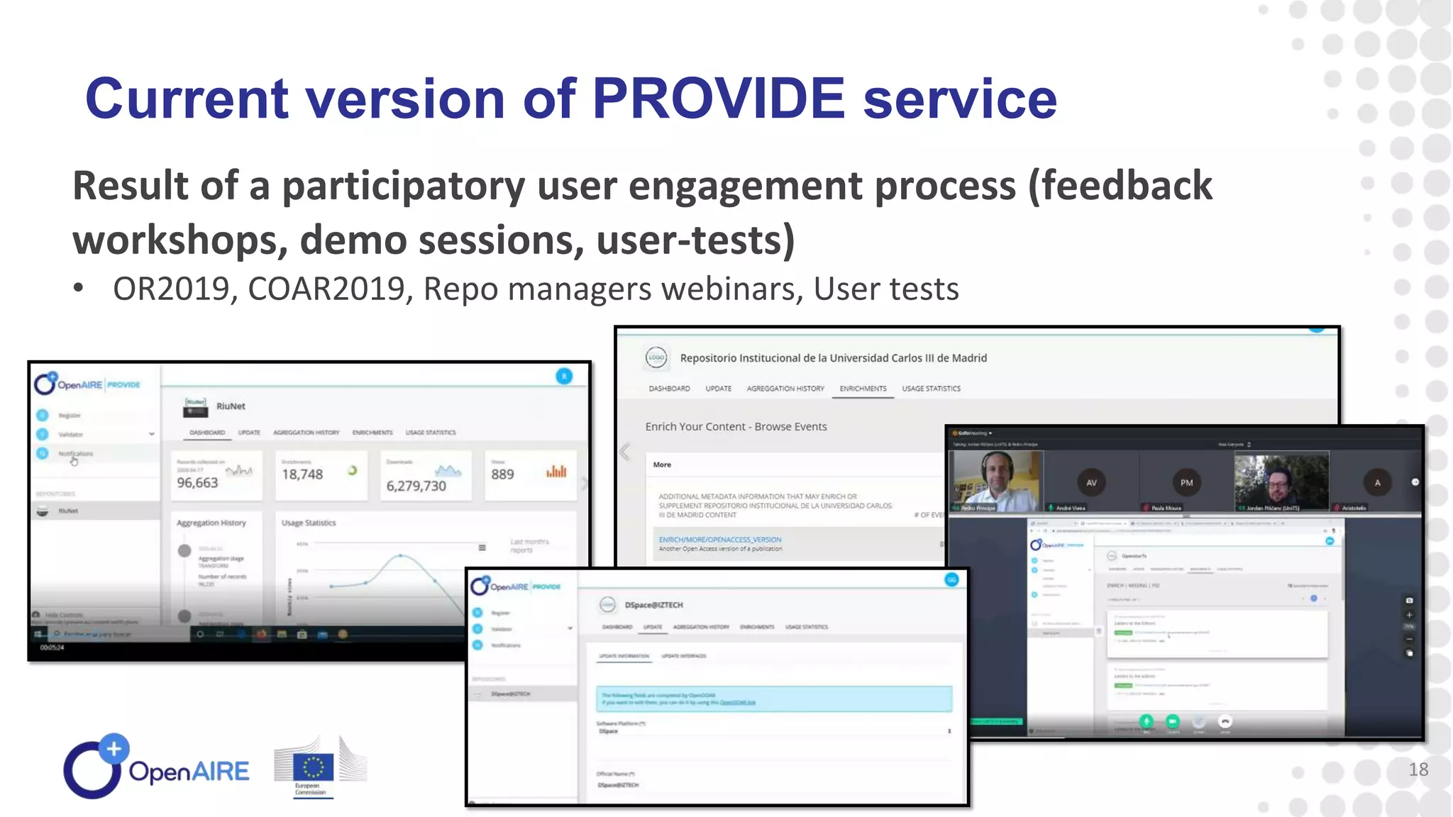 Current version of PROVIDE service
18
Result of a participatory user engagement process (feedback
workshops, demo sessions, user-tests)
• OR2019, COAR2019, Repo managers webinars, User tests
 