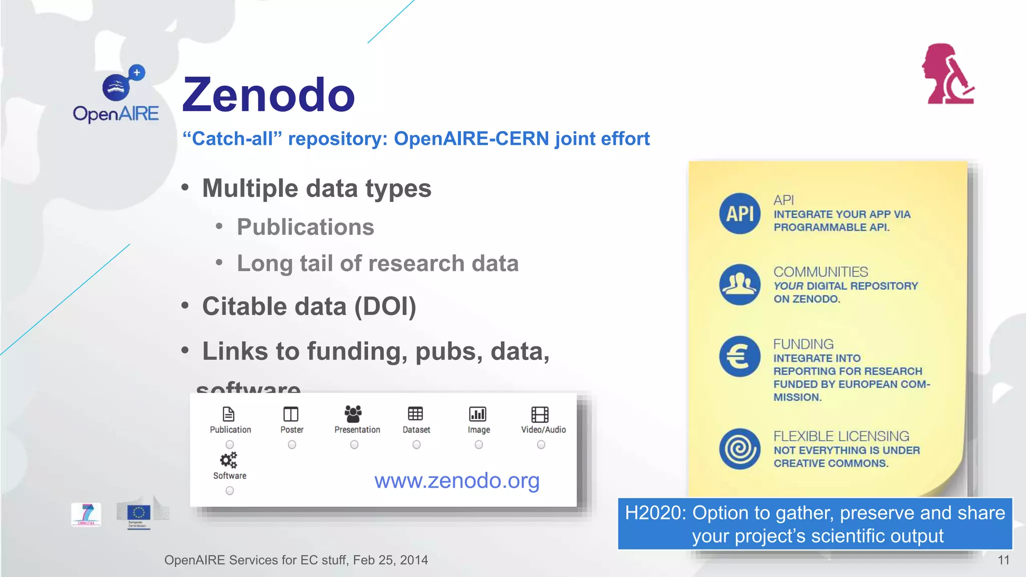 Zenodo
• Multiple data types
• Publications
• Long tail of research data
• Citable data (DOI)
• Links to funding, pubs, data,
software
“Catch-all” repository: OpenAIRE-CERN joint effort
OpenAIRE Services for EC stuff, Feb 25, 2014 11
www.zenodo.org
H2020: Option to gather, preserve and share
your project’s scientific output
 