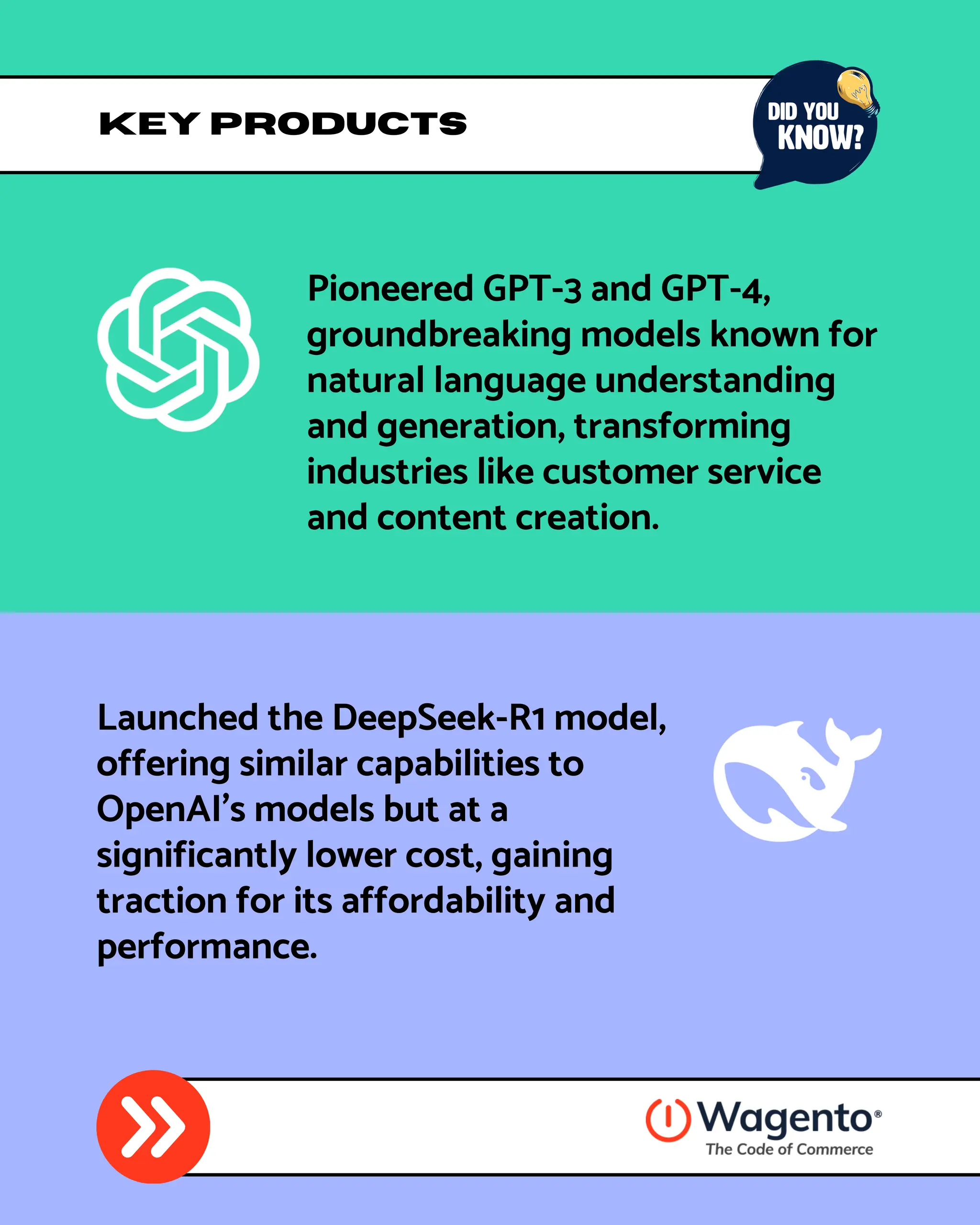 Key Products
Launched the DeepSeek-R1 model,
offering similar capabilities to
OpenAI’s models but at a
significantly lower cost, gaining
traction for its affordability and
performance.
Pioneered GPT-3 and GPT-4,
groundbreaking models known for
natural language understanding
and generation, transforming
industries like customer service
and content creation.
 