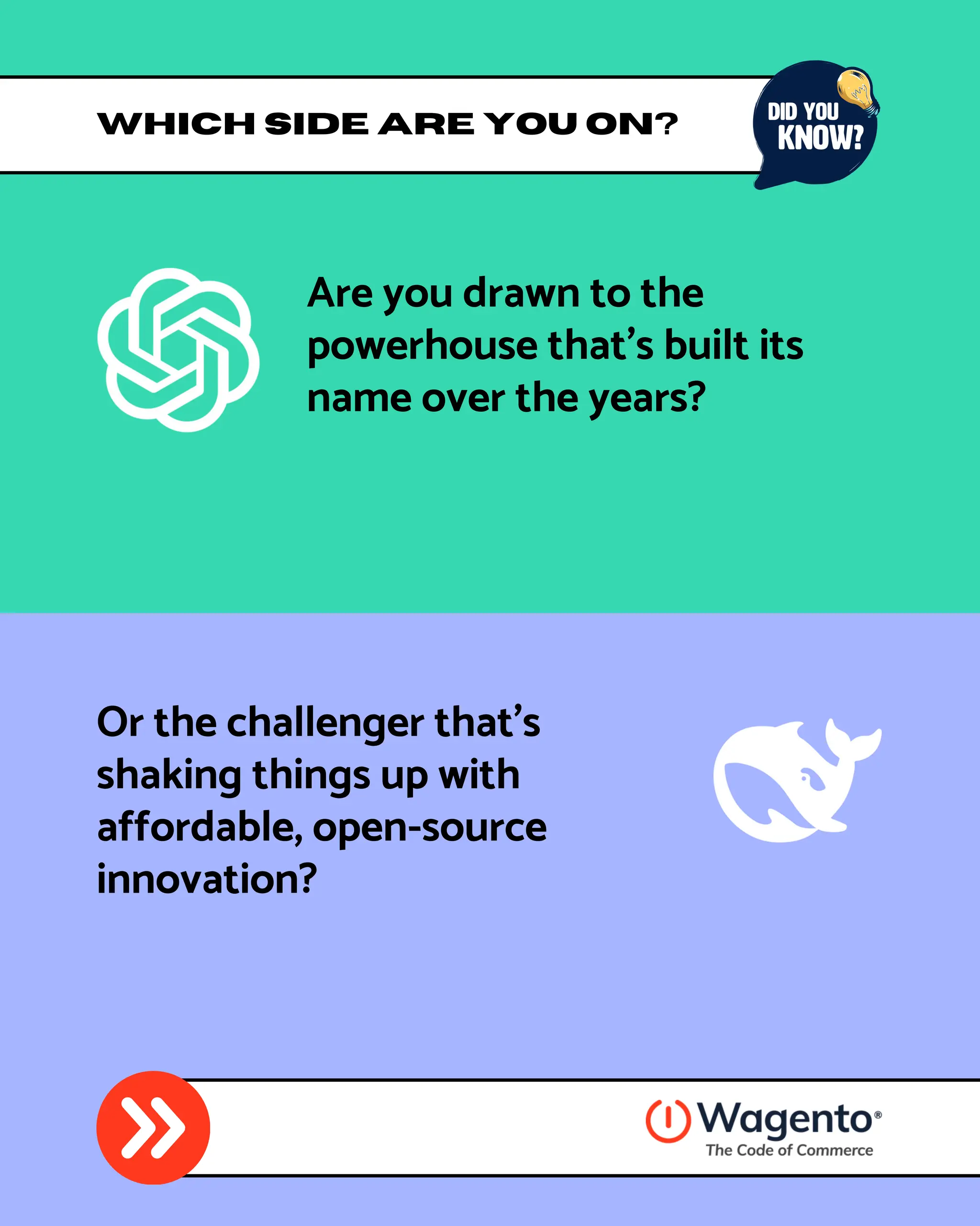 Which Side Are You On?
Or the challenger that's
shaking things up with
affordable, open-source
innovation?
Are you drawn to the
powerhouse that's built its
name over the years?
 