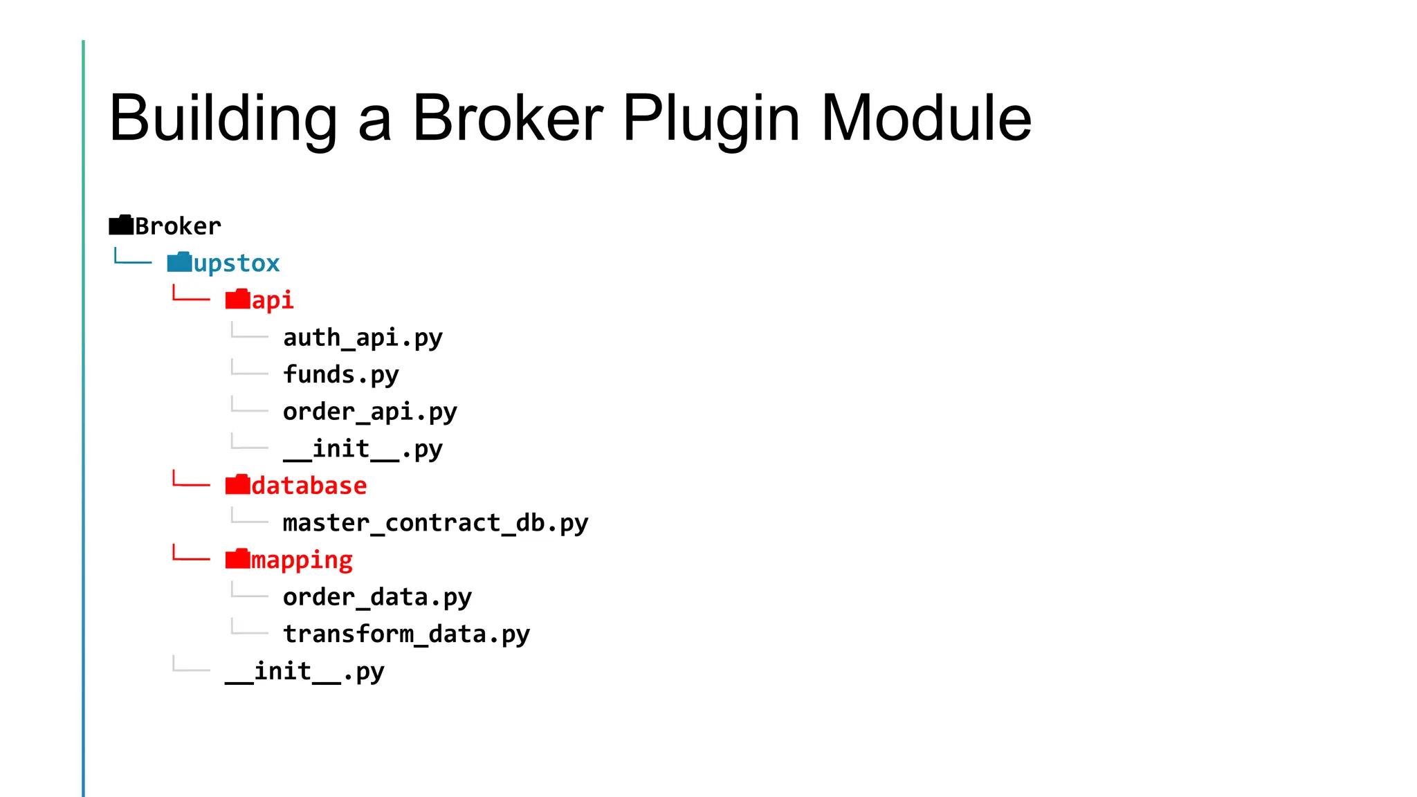 Building a Broker Plugin Module
📁Broker
└── 📁upstox
└── 📁api
└── auth_api.py
└── funds.py
└── order_api.py
└── __init__.py
└── 📁database
└── master_contract_db.py
└── 📁mapping
└── order_data.py
└── transform_data.py
└── __init__.py
 